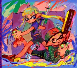  bad_drawr_id bad_id holding holding_weapon inkling kazeshio_(kzso) looking_at_another lying naughty_face oekaki open_hand splat_charger_(splatoon) splat_roller_(splatoon) splatoon_(series) tentacle_hair walking water_balloon weapon 
