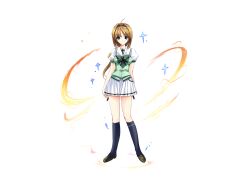  1girl ahoge black_socks blue_eyes bow bowtie brown_hair choukou_(alicesoft) choukou_sennin_haruka full_body green_bow hair_intakes hairband kneehighs loafers long_hair looking_at_viewer miniskirt official_art onigirikun otogi_frontier pleated_skirt puffy_short_sleeves puffy_sleeves ribbon school_uniform second-party_source shirt shoes short_sleeves skirt smile socks solo sparkle standing tachi-e takamori_haruka transparent_background variant_set white_skirt 