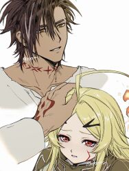  1boy 1girl absurdres ahoge armor artist_name black_hair blonde_hair body_markings brown_hair dark-skinned_male dark_skin facial_mark fiery_hair forbartz_xylo gyozabiglove143 highres huge_ahoge long_hair long_sleeves multicolored_hair open_mouth orange_hair parted_bangs red_eyes scar scar_across_eyebrow scar_on_face short_hair simple_background spiky_hair streaked_hair teeth teoritta white_background yuushakei_ni_shosu 