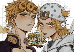  2boys blonde_hair blue_eyes blush commentary_request earrings giorno_giovanna glint green_eyes grid_background hair_through_headwear hat highres horseshoe jewelry johnny_joestar jojo_no_kimyou_na_bouken looking_at_viewer multiple_boys neg_50asu parted_lips pectoral_cleavage pectorals steel_ball_run tears vento_aureo white_hat 