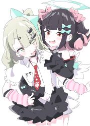  2girls absurdres arm_warmers bandaid bandaid_hair_ornament black_choker black_skirt bow cheek_poking choker collared_shirt colored_inner_hair cowboy_shot fur-trimmed_skirt fur-trimmed_sleeves fur_trim green_bow green_eyes green_hair green_halo hair_bow hair_ornament halo hashtag-only_commentary highres hutsugyou looking_at_viewer multicolored_hair multiple_girls multiple_hair_clips nangong_yu necktie orange_eyes pink_arm_warmers poking red_necktie shirt short_twintails skirt smile striped_arm_warmers sunna_(zenless_zone_zero) twintails white_shirt zenless_zone_zero 