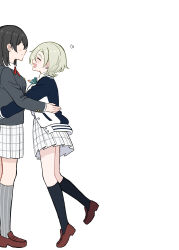  2girls anata-chan_(love_live!) black_hair black_jacket black_socks breasts brown_shoes closed_eyes collared_shirt commentary_request daleka333 dress_shirt facing_another green_ribbon grey_socks height_difference highres jacket kneehighs letterman_jacket loafers long_sleeves love_live! love_live!_nijigasaki_high_school_idol_club love_live!_school_idol_festival_all_stars medium_breasts medium_hair mia_taylor miniskirt multiple_girls neck_ribbon nijigasaki_school_uniform open_clothes open_jacket open_mouth pinstripe_socks pleated_skirt profile red_ribbon ribbon school_uniform shirt shoes skirt smile socks white_shirt white_skirt winter_uniform yuri 