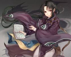  1boy bishounen black_hair book closed_mouth commentary facial_mark fire_emblem fire_emblem:_radiant_dawn forehead_mark holding holding_book kuroineko8822 long_hair male_focus open_book red_eyes solo soren_(fire_emblem) variant_set 