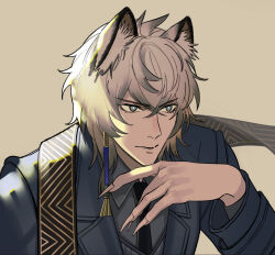  1boy animal_ear_fluff animal_ears ark1478 arknights black_jacket black_necktie blue_eyes brown_background closed_mouth collared_shirt commentary_request earrings fingernails formal_clothes grey_eyes grey_hair grey_shirt hair_between_eyes hand_up highres jacket jewelry long_sleeves male_focus necktie official_alternate_costume sharp_fingernails shirt short_hair silverash_(arknights) silverash_(york's_bise)_(arknights) simple_background single_earring snow_leopard_boy snow_leopard_ears solo suit upper_body 