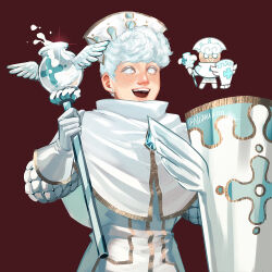  1boy :d blue_gem blush brown_background capelet colored_eyelashes commentary cookie_run curly_hair earrings elbow_gloves english_commentary freckles from_below gem gloves gold_trim hair_behind_ear hands_up hat holding holding_shield holding_staff humanization jacket jewelry lips long_sleeves looking_at_viewer male_focus milk milk_cookie nijuuni official_art_inset open_mouth puffy_long_sleeves puffy_sleeves realistic reference_inset shield short_hair simple_background smile solo sparkle staff stud_earrings teeth twitter_username upper_body upper_teeth_only very_short_hair white_capelet white_eyelashes white_eyes white_gloves white_hair white_hat white_jacket 