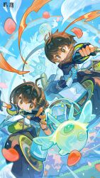  1boy 1girl absurdres black_gloves black_hair black_jacket blue_sky chinese_commentary commentary_request day dual_persona female_rover_(perpetual_spark)_(wuthering_waves) female_rover_(wuthering_waves) fingerless_gloves gloves hair_ornament highres jacket logo lossy-lossless male_rover_(perpetual_spark)_(wuthering_waves) male_rover_(wuthering_waves) motor_vehicle motorcycle official_alternate_costume official_art outdoors rover_(wuthering_waves) sky soliskin_(wuthering_waves) wuthering_waves yellow_eyes 