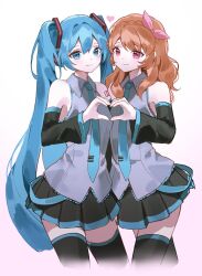  2girls aeri_(aerikatsu) aikatsu! aikatsu!_(series) bare_shoulders black_skirt black_sleeves black_thighhighs blue_eyes blue_hair blue_necktie bow braid collared_shirt cosplay cowboy_shot cropped_legs crossover detached_sleeves grey_shirt hair_between_eyes hatsune_miku hatsune_miku_(cosplay) heart heart_hands heart_hands_duo highres long_hair long_sleeves looking_at_viewer miniskirt multiple_girls necktie orange_hair ozora_akari pink_bow pink_eyes pleated_skirt shirt simple_background skirt sleeveless sleeveless_shirt smile thigh-highs twintails very_long_hair vocaloid white_background 