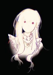  1girl :3 baizhi10989 bead_necklace beads black_background chinese_commentary closed_mouth collared_shirt commentary_request cropped_torso flower flower_necklace frilled_shirt frilled_shirt_collar frills happy highres jewelry kyubey long_hair mahou_shoujo_madoka_magica miracle_nikki necklace nikki_(nikki) nikki_(series) red_eyes rose shirt simple_background sleeveless sleeveless_shirt smile solo very_long_hair white_theme 