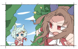  2girls animal_ears beer_hsk blue_eyes blue_sky bow brown_hair clouds commentary_request day ear_bow forehead green_bow grey_hair hair_ornament hairclip horse_ears horse_girl horse_tail jacket king_halo_(umamusume) long_sleeves multiple_girls one_side_up outdoors parted_bangs red_eyes red_jacket running seiun_sky_(umamusume) sky tail track_jacket umamusume v-shaped_eyebrows 