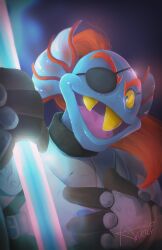  1girl 2019 2d absurdres anthro armor artist_name ashley_artly black_eyepatch blue_skin breastplate colored_sclera colored_skin colored_teeth commentary dark_background digital_media ear_fins english_commentary eyepatch female female_only fins fish fish_girl gauntlets glowing glowing_weapon head_fins high_ponytail highres holding holding_polearm holding_spear holding_weapon long_hair looking_at_viewer monster monster_girl open_mouth pauldrons polearm ponytail portrait red_hair sharp_teeth signature simple_background slit_pupils solo spear teeth undertale undyne utdr_(toby_fox) weapon yellow_sclera yellow_teeth 