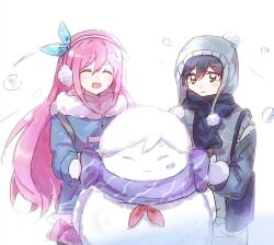  1boy 1girl :d ^_^ alternate_costume aubrey_(faraway)_(omori) aubrey_(omori) black_eyes black_hair black_pantyhose black_scarf black_sleeves blue_bow blue_jacket bow bow_hairband building_snowman character_snowman chinese_commentary closed_eyes closed_mouth commentary_request cowboy_shot dot_nose double-parted_bangs earmuffs flat_chest fur-trimmed_jacket fur_trim grey_hat grey_mittens grey_pants grey_sweater_vest hair_between_eyes hairband hat jacket light_smile long_hair long_sleeves looking_at_another miniskirt mittens neckerchief omori open_mouth pants pantyhose pink_hair pink_skirt pleated_skirt pom_pom_(clothes) puffy_long_sleeves puffy_sleeves purple_scarf red_neckerchief scarf short_hair sidelocks simple_background skirt smile snow snowman standing straight_hair sunny_(omori) sweater_vest very_long_hair very_short_hair white_background xinjinjumin031936940703 