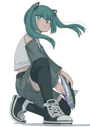  1girl absurdres animal black_shoes black_thighhighs blue_eyes blue_hair blue_necktie closed_mouth crop_top detached_sleeves fish grey_shorts grey_sleeves hair_between_eyes hair_ornament hatsune_miku highres holding holding_animal holding_fish long_hair looking_at_viewer necktie nickel_ni_plus on_one_knee shirt shoes shorts simple_background sleeveless sleeveless_shirt sneakers solo thigh-highs twintails vocaloid white_background white_shirt 