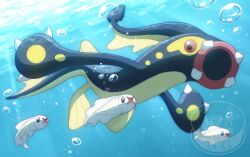  air_bubble black_eyes bubble claws colored_sclera commentary_request eel eelektross evolutionary_line fangs fish lamprey monaka_(hc_pkmn) no_humans ocean open_mouth pokemon pokemon_(creature) pokemon_focus red_sclera tynamo underwater 