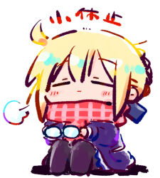  1girl artoria_pendragon_(fate) black-framed_eyewear black_pantyhose blonde_hair blush_stickers braid chibi closed_eyes closed_mouth commentary_request fate/grand_order fate_(series) full_body glasses hair_between_eyes holding holding_removed_eyewear kasuga_yuuki knees_up mysterious_heroine_x_alter_(fate) no_shoes pantyhose purple_shirt purple_skirt shadow shirt simple_background sitting skirt solo translation_request unworn_eyewear white_background 