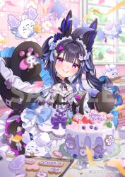  1girl :q ahoge aloupeep_(enna_alouette) black_dress black_hair blue_bow blue_hair blueberry blush bow cake center-flap_bangs colored_inner_hair commentary_request company_name confetti cookie_cutter copyright_notice dress drill_hair english_commentary enna_alouette enna_alouette_(maid) food fruit gradient_hair hair_ornament happy_birthday heart heart_hair_ornament holding holding_party_popper long_hair looking_at_viewer mixed-language_commentary mugimugigo multicolored_hair nijisanji nijisanji_en official_alternate_costume official_alternate_hair_color official_alternate_hairstyle official_art party_popper purple_bow rolling_pin sample_watermark solo strawberry streamers tongue tongue_out tray violet_eyes virtual_youtuber watermark window 