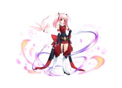  1girl armband bare_shoulders boots breasts brown_eyes choukou_(alicesoft) choukou_sennin_haruka detached_sleeves elbow_gloves fingerless_gloves full_body gloves hand_on_own_hip knee_boots long_hair looking_at_viewer magical_girl ninja official_art onigirikun otogi_frontier petals pink_hair second-party_source shihoudou_narika simple_background skirt smile solo standing tachi-e transparent_background twintails variant_set white_background yellow_eyes 