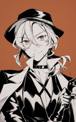  1boy black_hat black_jacket brown_background brown_eyes bungou_stray_dogs choker collared_shirt commentary_request fedora gloves hair_between_eyes hat jacket jacket_on_shoulders lapels long_sleeves looking_at_viewer male_focus monochrome nakahara_chuuya_(bungou_stray_dogs) notched_lapels orz1016 shirt short_hair simple_background smile solo spot_color 