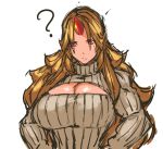  1girl ? blonde_hair breasts bust cleavage cleavage_cutout horn hoshiguma_yuugi large_breasts long_hair nameo_(judgemasterkou) open-chest_sweater red_eyes ribbed_sweater simple_background sketch solo star sweater touhou turtleneck white_background 