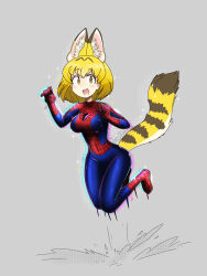  1girl :d absurdres animal_ear_fluff animal_ears animal_print artist_name blonde_hair blue_bodysuit blush bodysuit breasts cat_ears cat_girl cat_tail clenched_hand commentary cosplay curled_fingers extra_ears full_body grey_background hair_between_eyes hands_up highres jonstrange0613 jumping kemono_friends kemono_friends_2 large_breasts legs_together legs_up looking_at_viewer marvel midair motion_lines multicolored_bodysuit open_mouth print_bodysuit raised_eyebrows red_bodysuit serval_(kemono_friends) short_hair signature smile solo spider-man spider-man:_into_the_spider-verse spider-man_(cosplay) spider-man_(series) spider-verse spider_print spider_web_print striped_tail superhero_costume tail two-tone_bodysuit yellow_eyes yellow_tail 