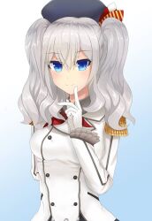  1girl beret blue_background blue_eyes blue_hat breasts closed_mouth commentary_request epaulettes gloves gradient_background grey_hair hair_between_eyes hand_up hat jacket kantai_collection kashima_(kancolle) long_sleeves looking_at_viewer medium_breasts medium_hair military_uniform neckerchief red_neckerchief smile solo twintails wavy_hair white_background white_gloves white_jacket wrightia 