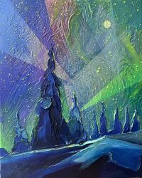  acrylic_paint_(medium) anastasia_trusova aurora highres impasto night no_humans original outdoors painting_(medium) scenery star_(sky) traditional_media winter 