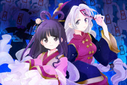  2girls alternate_costume alternate_hairstyle black_eyes black_hair blunt_bangs braid chinese_clothes chinese_hairpin closed_mouth frills grey_eyes grey_hair hagoromo hair_ornament hair_rings hair_stick halloween_costume hat houraisan_kaguya japanese_clothes jiangshi_costume kimono light_blush light_particles long_hair long_sleeves looking_at_viewer machiko_(beard) mandarin_collar multiple_girls ofuda ofuda_on_head parted_bangs qingdai_guanmao shawl single_braid sleeves_past_fingers sleeves_past_wrists smile tareme touhou upper_body very_long_hair wide_sleeves yagokoro_eirin 