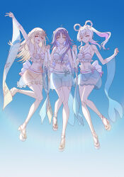  3girls absurdres bikini blonde_hair bow bump_of_chicken cho_kaguya-hime! detached_sleeves hair_rings highres holding_hands innoarukugyou japanese_clothes kaguya_(cho_kaguya-hime!) long_hair looking_at_viewer midair multicolored_hair multiple_girls one_eye_closed platform_sandals purple_hair runami_yachiyo sakayori_iroha sandals sarong see-through_clothes see-through_sarong see-through_skirt skirt skirt_bow sky smile swimsuit two-tone_hair white_hair 