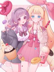  2girls :3 :d :o aegyo_sal ankle_socks balloon big_hair black_hairband blonde_hair blue_eyes blunt_bangs blush border bow bowtie breasts brown_bow brown_bowtie brown_cardigan candy cardigan cardigan_partially_removed cherry collared_shirt colored_eyelashes commentary cowboy_shot crop_top cropped_shirt cup cupcake curly_hair disposable_cup doughnut drinking_straw english_commentary expressionless finger_to_cheek flat_chest food frilled_bow frills fruit grey_cardigan grey_skirt grid_background hair_bow hair_over_shoulder hairband hand_on_another's_shoulder hands_up heart heart_balloon high-waist_skirt highres hitose_rei holding holding_balloon hood hood_down hooded_cardigan index_finger_raised konpeitou long_hair long_sleeves looking_at_viewer macaron medium_breasts medium_hair miniskirt multiple_girls open_cardigan open_clothes open_mouth original outside_border pink_background pink_bow pink_bowtie pink_eyes pink_ribbon pink_sailor_collar pink_skirt plaid_bow plaid_bowtie plaid_clothes pleated_skirt puffy_long_sleeves puffy_sleeves raised_eyebrows ribbon sailor_collar school_uniform shirt side-by-side sidelocks simple_background skirt sleeves_past_wrists smile socks standing standing_on_one_leg strawberry sweets swept_bangs tareme tongue twintails very_long_hair whipped_cream white_border white_bow white_shirt white_socks 
