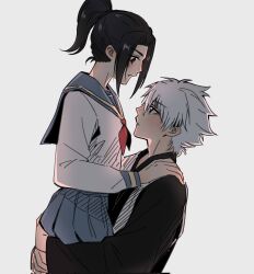  1boy 1girl black_eyes black_hair bleach bleach:_sennen_kessen-hen blue_sailor_collar carrying carrying_person commentary corrupted_twitter_file english_commentary high_ponytail highres hitsugaya_toushirou japanese_clothes kurosaki_karin long_sleeves pleated_skirt ponytail sailor_collar school_uniform serafuku shihakusho silegesi skirt white_hair 