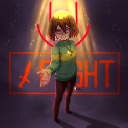  1:1 1other 2024 2d ambiguous_gender annalee-sama brown_hair brown_pants brown_shoes chara_(undertale) child commentary dark_background digital_media english_commentary from_above full_body green_sweater heart_necklace highres holding holding_knife holding_weapon horizontal-striped_clothes human jewelry knife long_sleeves looking_at_viewer making-of_available necklace other_focus painttool_sai_(medium) pants red_eyes shadow shoes short_hair single_horizontal_stripe smile solo spotlight standing striped_clothes striped_sleeves striped_sweater sweater two-tone_sweater undertale utdr_(toby_fox) weapon yellow_stripes 