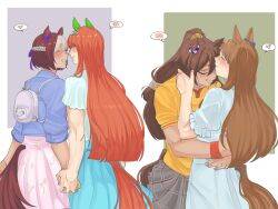  4girls animal_ears backpack bag blue_eyes blue_jacket blue_shirt blue_skirt blush braid brown_hair closed_eyes closed_mouth commentary domino_mask el_condor_pasa_(casual)_(umamusume) el_condor_pasa_(umamusume) english_commentary eye_mask grass_wonder_(casual)_(umamusume) grass_wonder_(umamusume) green_eyes grin half_up_braid hands_on_another's_waist heart highres holding_hands horse_ears horse_girl horse_tail interlocked_fingers jacket kiss kissing_forehead long_hair looking_at_another mask multiple_girls orange_hair pink_skirt pleated_skirt ponytail shirt short_hair silence_suzuka_(casual)_(umamusume) silence_suzuka_(umamusume) skirt smile special_week_(casual)_(umamusume) special_week_(umamusume) spoken_blush spoken_heart tail umamusume white_streaks wristband xy_424 yellow_shirt yuri 