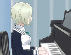  1girl black_jacket closed_mouth collared_shirt commentary_request eyes_visible_through_hair green_hair green_ribbon highres indoors instrument ishimochi_(daleka333) jacket letterman_jacket long_sleeves love_live! love_live!_nijigasaki_high_school_idol_club mia_taylor neck_ribbon nijigasaki_school_uniform open_clothes open_jacket piano profile ribbon school_uniform shirt short_hair sideways_mouth sitting smile solo white_shirt 