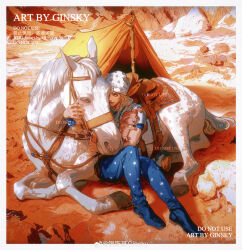  1boy absurdres animal animal_hug artist_name bag beanie blonde_hair blue_eyes blue_pants blue_sleeves border chinese_commentary commentary_request desert ginsky2000 hat heart_ornament highres hood hood_down hoodie horse horseshoe_hat_ornament horseshoe_ornament johnny_joestar jojo_no_kimyou_na_bouken male_focus medium_hair mountain on_ground outdoors pants reins saddle saddlebags short_sleeves sitting slow_dancer_(jojo) smile solo stand_(jojo) star_(symbol) star_print steel_ball_run tent tusk_(stand) tusk_act1 two-tone_sleeves white_border white_hat white_hoodie white_sleeves wristband 