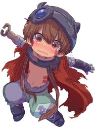  1boy absurdres black_boots black_helmet blush body_markings boots brown_eyes brown_hair cape commentary_request dark-skinned_male dark_skin embarrassed facial_mark fake_horns full_body green_pants hair_between_eyes helmet highres horned_helmet horns looking_at_viewer made_in_abyss male_focus mechanical_arms outie_navel outstretched_arms pants red_cape reg_(made_in_abyss) sekaineko_001 short_hair simple_background solo spread_arms sweatdrop thick_eyebrows topless_male torn_cape torn_clothes white_background 