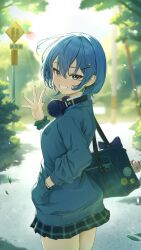  1girl :d absurdres alternate_costume bag blue_eyes blue_hair blue_skirt blurry blurry_background bowsan collared_shirt commentary_request day depth_of_field double-parted_bangs earrings grey_jacket grin hair_between_eyes hand_in_pocket hand_up headphones headphones_around_neck highres hololive hoshimachi_suisei jacket jewelry long_sleeves looking_at_viewer medium_hair outdoors plaid_clothes plaid_skirt pleated_skirt school_bag school_uniform scrunchie shirt short_hair skirt smile solo standing star_(symbol) star_earrings star_in_eye symbol_in_eye virtual_youtuber waving white_shirt wrist_scrunchie 