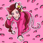 1girl all_fours animal_ears cat_ears cat_tail hanasaki_tsubomi heartcatch_precure! kemonomimi_mode long_hair niita panther_pink_(precure) pants paw_pose pink pink_background pink_eyes pink_hair precure shirt solo tail twintails 