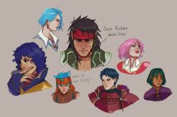  2girls 5boys aevi animal_ears armor black_hair blue_eyes blue_hair cat_boy cat_ears closed_mouth commentary cropped_shoulders dark-skinned_male dark_skin earrings english_commentary fire_emblem fire_emblem:_radiant_dawn german_text green_hair heterochromia highres jewelry kurthnaga_(fire_emblem) lucia_(fire_emblem) marcia_(fire_emblem) multiple_boys multiple_girls necklace open_mouth parted_lips pelleas_(fire_emblem) pink_hair pointy_ears purple_hair ranulf_(fire_emblem) red_armor red_eyes scar scar_on_face short_hair simple_background tibarn_(fire_emblem) translation_request zelgius_(fire_emblem) 