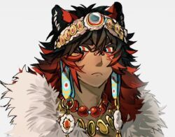  1boy animal_ears bead_necklace beads black_hair blue_eyes colored_inner_hair english_commentary face_piercing grey_background hibashied jewelry lion_boy lion_ears long_hair looking_at_viewer male_focus multicolored_eyes multicolored_hair necklace nose_piercing original piercing portrait red_eyes red_hair simple_background solo 