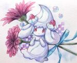 alcremie blue_bow blue_ribbon bow bubble checkered_background dot_mouth floating flower flower_request food fruit hands_on_own_neck highres looking_ahead looking_at_viewer no_humans painting_(medium) pink_flower pokemon pokemon_(creature) ras_(my-your-music) red_eyes ribbon solo strawberry traditional_media two-tone_background watercolor_(medium) white_background