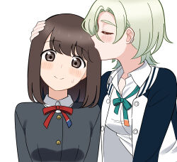  2girls anata-chan_(love_live!) black_jacket blush breasts brown_hair collared_shirt commentary_request daleka333 green_ribbon grey_eyes hand_on_another's_head highres jacket kissing_head letterman_jacket love_live! love_live!_nijigasaki_high_school_idol_club love_live!_school_idol_festival_all_stars medium_breasts medium_hair mia_taylor multiple_girls neck_ribbon nijigasaki_school_uniform open_clothes open_jacket red_ribbon ribbon school_uniform shirt simple_background sweatdrop upper_body white_background white_jacket white_shirt winter_uniform yuri 