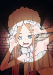  1girl abigail_williams_(fate) abigail_williams_(swimsuit_foreigner)_(third_ascension)_(fate) absurdres armpits bare_shoulders bikini blonde_hair blue_eyes bonnet bow brick_wall commentary_request fate/grand_order fate_(series) forehead gesture highres long_hair looking_at_viewer multiple_hat_bows navel solo swimsuit trck7447 white_bikini white_bonnet white_bow 