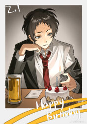  1boy absurdres adachi_tooru alcohol beer bisho_imobing_hito border cake candle collared_shirt commentary_request dated food happy_birthday highres holding holding_lighter lighter lighting_candle long_sleeves looking_down male_focus necktie parted_lips persona persona_4 shirt short_hair solo white_border white_shirt 
