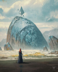  1girl absurdres artist_name blue_dress boulder clouds cloudy_sky commentary dress english_commentary floating_rock from_behind highres holding holding_staff landscape long_hair ocean original painterly raja_nandepu red_hair scenery shore sky staff waves 