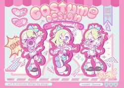  1girl alternate_costume apron arm_warmers blush bow chibi chibi_only chocho_16 choker dress earrings fang food full_body green_bow green_eyes green_hair hair_bow heart heart_earrings highres holding holding_megaphone holding_plate jewelry leg_up long_sleeves megaphone multiple_hair_clips one_eye_closed pink_arm_warmers pink_dress plate ponytail smile solo sunna_(zenless_zone_zero) thigh_strap white_apron white_choker white_wings wings zenless_zone_zero 