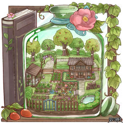  1other book bottle bush chigu commentary_request commission creature dairoku_ryouhei fence flower fruit_tree garden gardening holding holding_watering_can house in_bottle in_container ladder leaf mini_person musical_note plant pond potted_plant shovel spoken_musical_note stone_walkway tree tree_stump watering_can 