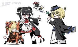  3girls black_dress black_shoes black_sleeves braid braided_hair_rings chinese_clothes cinq_association_east_uniform detached_sleeves don_quixote_(project_moon) dress e.g.o_(project_moon) flower hair_flower hair_ornament hair_rings highres jia_xichun_(project_moon) jiangshi juliet_sleeves kan_084 limbus_company long_sleeves maid multiple_girls one_eye_closed open_mouth pants pink_eyes ponytail project_moon puffy_sleeves qi_maid red_dress red_flower red_rose red_sheet_(e.g.o) rose rtrt_(mili) shoes smile white_pants 