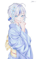  1girl absurdres ahoge aokumo_rin blue_eyes blue_flower blue_hair blue_kimono commentary finger_to_cheek flower grin hair_flower hair_ornament hand_up highres index_finger_raised japanese_clothes kanzashi kimono long_sleeves looking_at_viewer mole multicolored_hair obi obiage obijime sash signature simple_background smile solo stellive streaked_hair two-tone_hair upper_body vini_(frisco) virtual_youtuber white_background white_hair wide_sleeves yellow_sash 