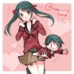  +_+ /\/\/\ 2girls artist_name black_hair blush chibi dated green_eyes hair_ribbon heart heart_background kantai_collection long_sleeves mikuma_(kantai_collection) mogami_(kantai_collection) multiple_girls open_mouth pink_background ribbon sailor_collar short_hair skirt tanuma_(tyny) twintails twitter_username uniform wavy_mouth |_| 