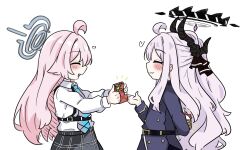  2girls ahoge arm_behind_back black_halo black_horns black_skirt blue_archive blue_necktie closed_eyes closed_mouth commentary_request demon_horns e_v_e_neko from_side gift grey_hair hair_flaps halo heart highres hina_(blue_archive) horns hoshino_(blue_archive) long_hair long_sleeves miniskirt multiple_girls necktie open_mouth pink_hair plaid_clothes plaid_skirt pleated_skirt shirt simple_background skirt very_long_hair white_background white_shirt 