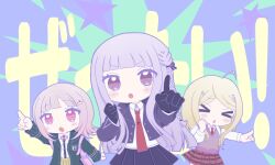  >_< 3girls :o ahoge akamatsu_kaede black_gloves black_ribbon black_thighhighs blonde_hair blush boots braid brown_skirt chibi collared_shirt commentary_request d: danganronpa:_trigger_happy_havoc danganronpa_(series) danganronpa_2:_goodbye_despair danganronpa_v3:_killing_harmony derivative_work dress_shirt food gloves hair_ribbon hand_up happy_mille-feuille_(idolmaster) highres holding holding_food hood hood_down idolmaster jacket kirigiri_kyoko long_hair long_sleeves looking_at_viewer medium_hair misa_(usaginosakura) multiple_girls musical_note musical_note_print nanami_chiaki necktie open_clothes open_jacket parody pink_eyes pink_shoes pleated_skirt pointing purple_jacket purple_skirt red_background red_necktie red_skirt ribbon shirt shoes skirt sweat thigh-highs triangle_mouth two-tone_shirt white_shirt 